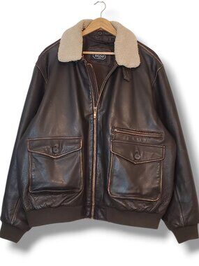 BGSD Genuine Leather Flight Aviator Bomber Jacket Brown Size XL T